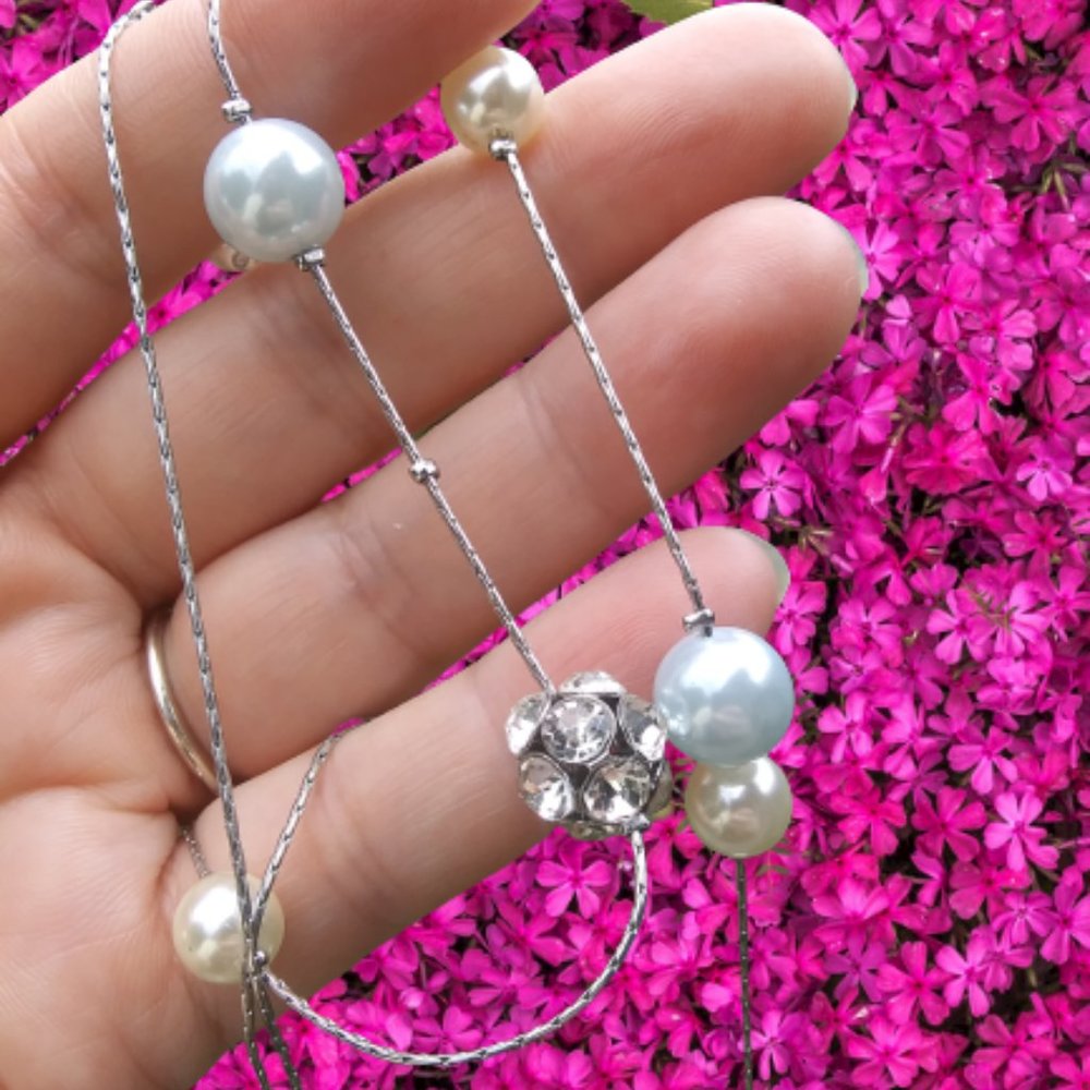 silver tone chain rhinestones faux white and pale blue pearls station necklace